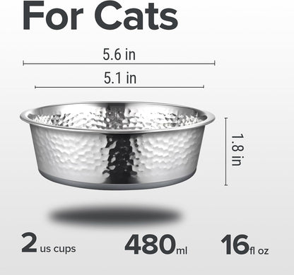 URBUDDIES 2 Pack Hammered Stainless Steel Cat Bowls,2 Cup, Gray Bottom