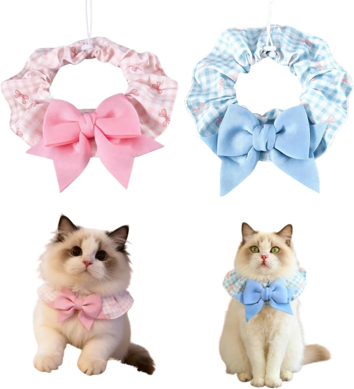 2Pack Pet Bib Bowknot Tie Collar, Cat Dog Cute Plaid Neckwear, Adjustable Decorative Necklace for Daily Wear & Photoshoots (PinkBlue)
