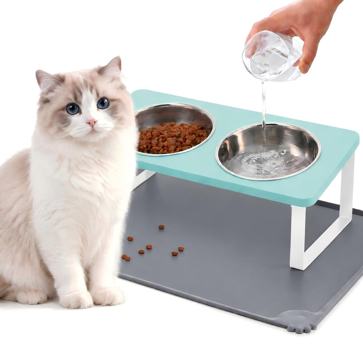 Upgraded Elevated Cat Bowls with Food Mat,15°Tilted Stand Anti Vomiting Raised Cat Dishes for Food and Water,2 Stainless Steel Bowls for Cats and Puppy