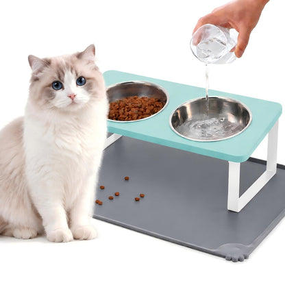 Upgraded Elevated Cat Bowls with Food Mat,15°Tilted Stand Anti Vomiting Raised Cat Dishes for Food and Water,2 Stainless Steel Bowls for Cats and Puppy