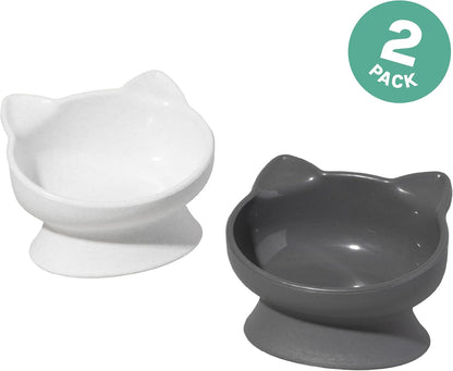 Kitty City Elevated Cat Bowls (Set of 2), Whisker-Friendly Raised Cat Food & Water Dishes, Modern Pedestal Design, Dishwasher Safe, 6.5 oz Each – White & Gray