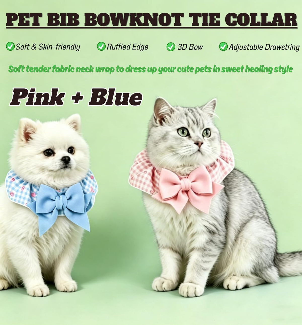 2Pack Pet Bib Bowknot Tie Collar, Cat Dog Cute Plaid Neckwear, Adjustable Decorative Necklace for Daily Wear & Photoshoots (PinkBlue)