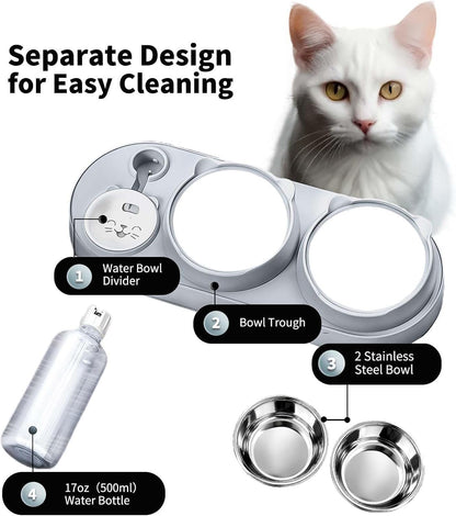 Marchul 3 in 1 Cat Bowl, Cat Food and Water Bowl Set with Water Dispenser and Stainless Steel Bowls, 15° Tilted Pet Raised Three Bowls for Indoor Cats, Small or Medium Sized Dogs