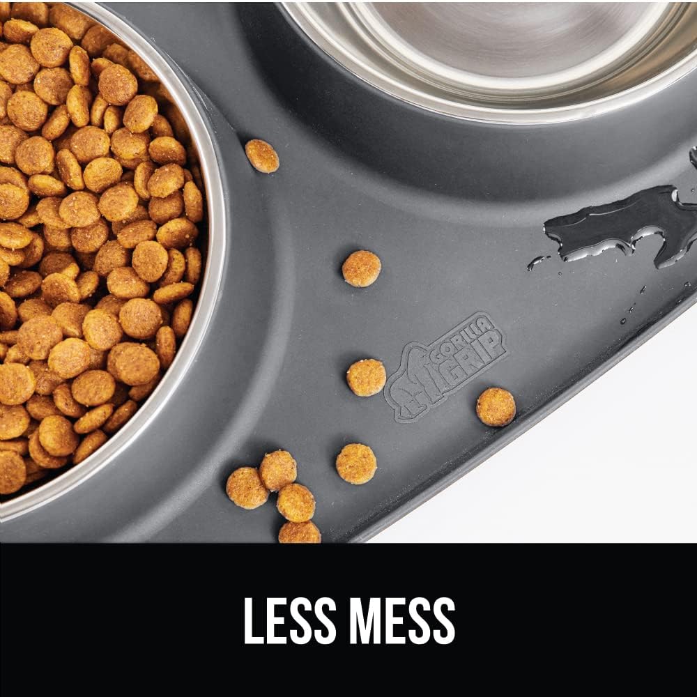 GORILLA GRIP Dog Bowl Set with Feeding Mat, 304 Stainless Steel, 2 Cup Gray