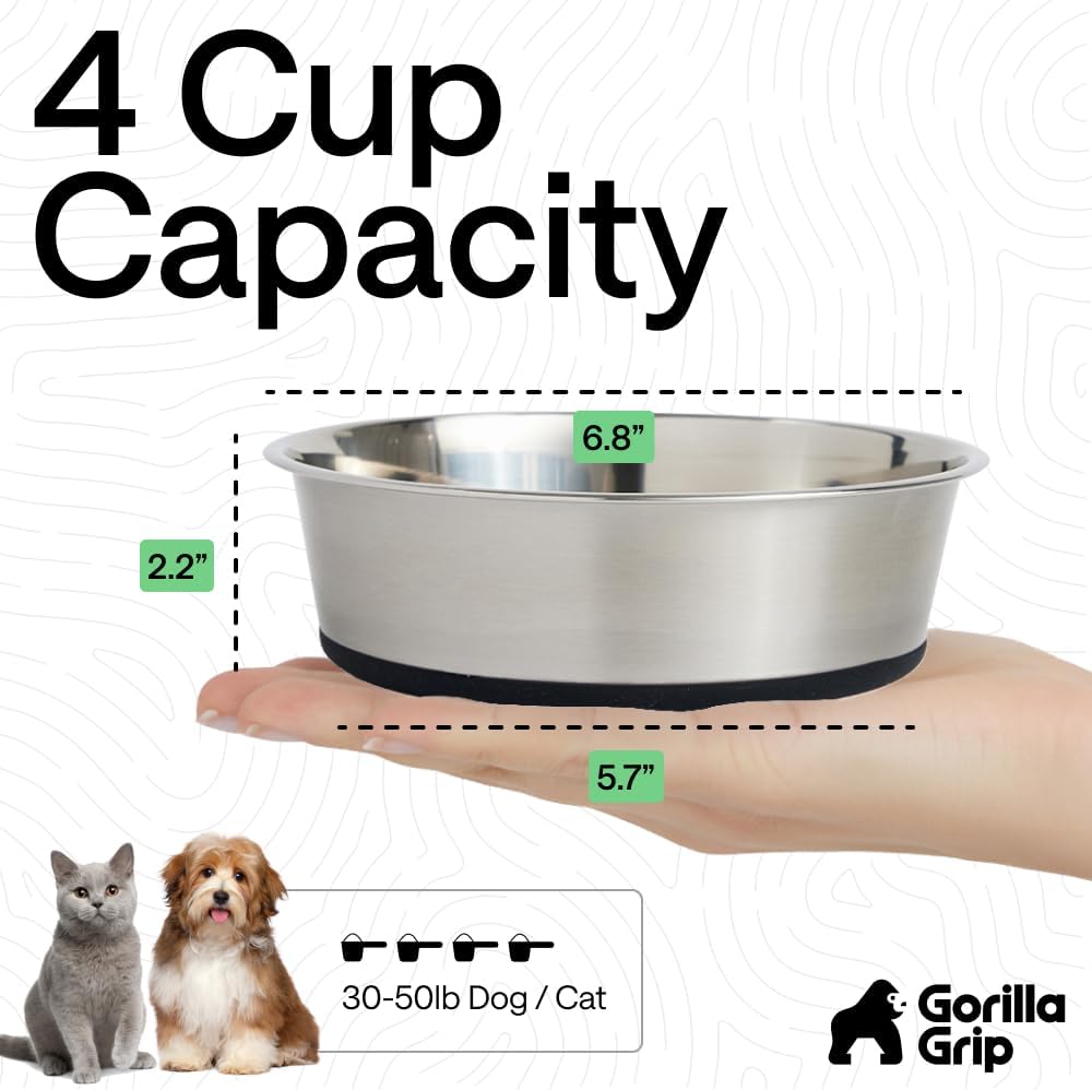 GORILLA GRIP Dog Bowls, Food Grade Stainless Steel, Set of 2, 4 Cup, Black