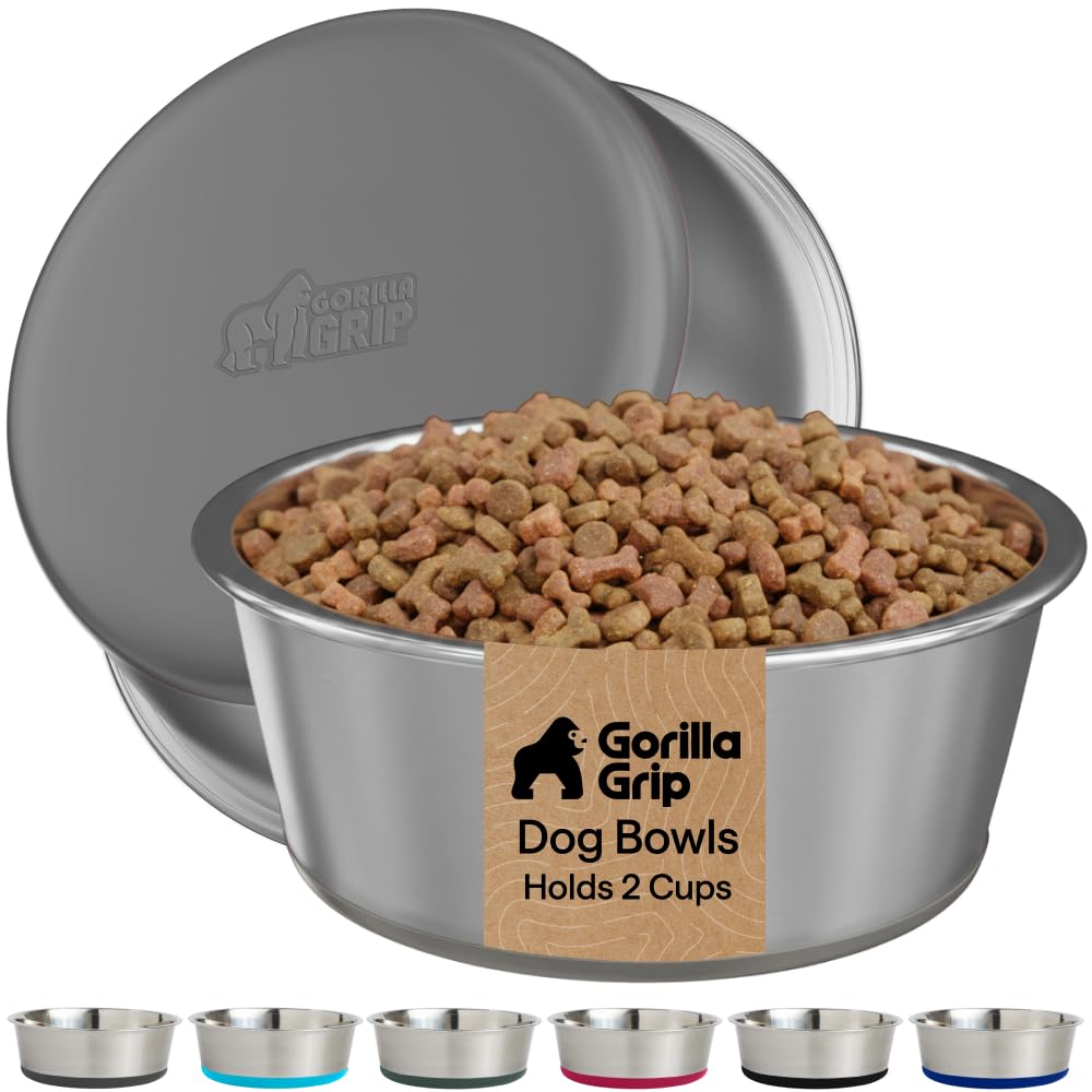 GORILLA GRIP Dog Bowls, Food Grade Stainless Steel, Set of 2, 4 Cup, Black