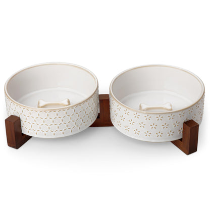 MALACASA Cat and Dog Bowl Set, Ceramic Bowls with Walnut Wood Stand, 2 Cups