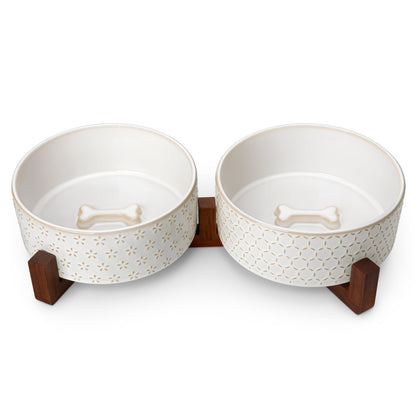 MALACASA Cat and Dog Bowl Set, Ceramic Bowls with Walnut Wood Stand, 2 Cups