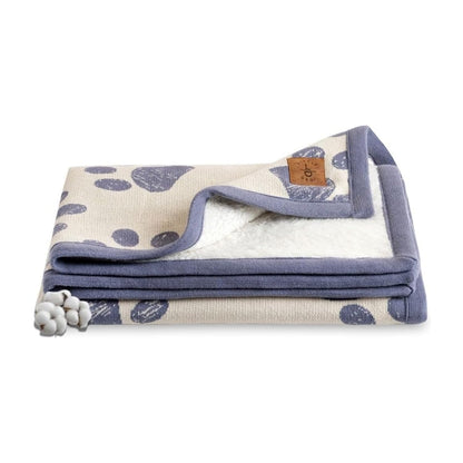 Small Pet Blanket - 100% Organic Cotton, Double Layer Plush Sherpa, Soft Plush, Blue Paw Jacquard Knit, 30"x40", Small Dog Blanket, Ideal Cat Blanket - Soft and Warm