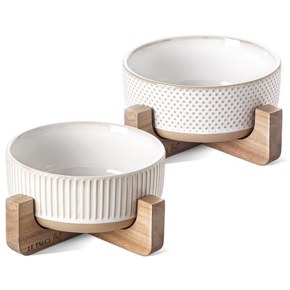 LE TAUCI PET Ceramic Dog Bowls for Medium Small Dogs - 4 Cup Medium Dog Food and Water Bowls with Wood Stand, Cute Pet Dishes Set of 2, Lines+Dot
