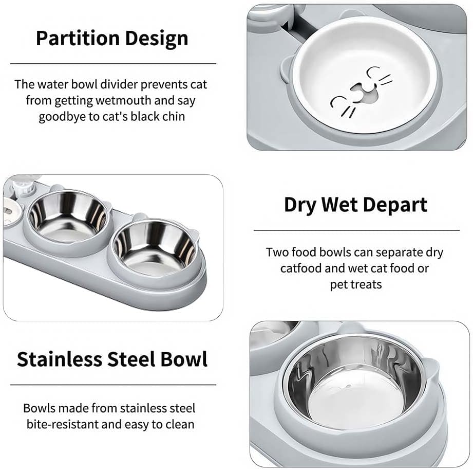 Marchul 3 in 1 Cat Bowl, Cat Food and Water Bowl Set with Water Dispenser and Stainless Steel Bowls, 15° Tilted Pet Raised Three Bowls for Indoor Cats, Small or Medium Sized Dogs