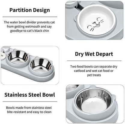 Marchul 3 in 1 Cat Bowl, Cat Food and Water Bowl Set with Water Dispenser and Stainless Steel Bowls, 15° Tilted Pet Raised Three Bowls for Indoor Cats, Small or Medium Sized Dogs