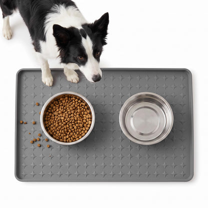 Extra Large 34x22 Inch Machine Washable Silicone Pet Food Mat - Waterproof Dog & Cat Bowl Mat with Raised Edge, Non-Slip Floor Protector for Large Dogs, Multi-Pet Homes (Grey)