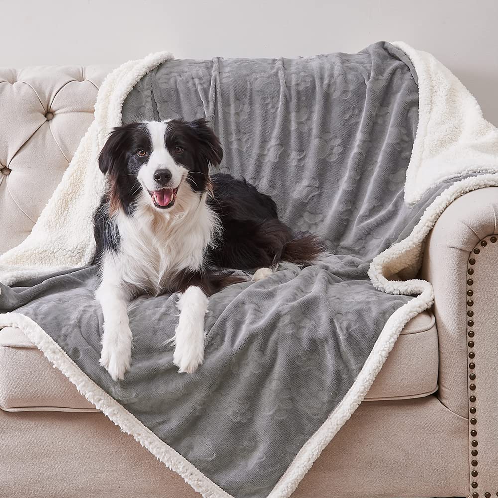 Qeils Dog & Cat Blankets - Waterproof Washable - Sherpa, Plus Plush Reversible, 25"X30", Grey Paw Print
