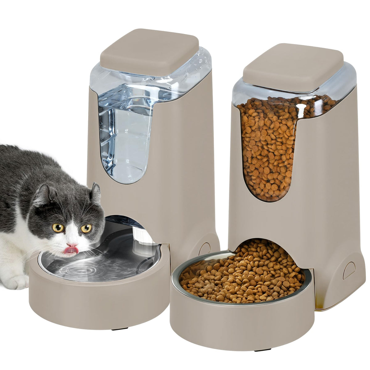 2 Pack Automatic Cat Feeder and Gravity Stainless Steel Water Dispenser, Dog Food Feeder and Waterer Set for Small Medium Puppy Kitten Pets (1 Gallon x 2, Gray)