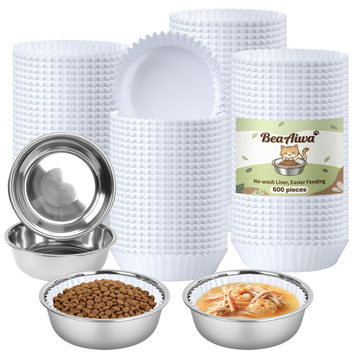 Cat Bowl Set (300 Disposable Pet Bowl Liners with 2 Stainless Steel Bowls)