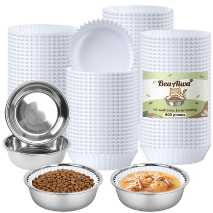Cat Bowl Set (300 Disposable Pet Bowl Liners with 2 Stainless Steel Bowls)
