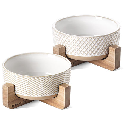 LE TAUCI PET Ceramic Dog Bowls for Medium Small Dogs - 4 Cup Medium Dog Food and Water Bowls with Wood Stand, Cute Pet Dishes Set of 2, Lines+Dot