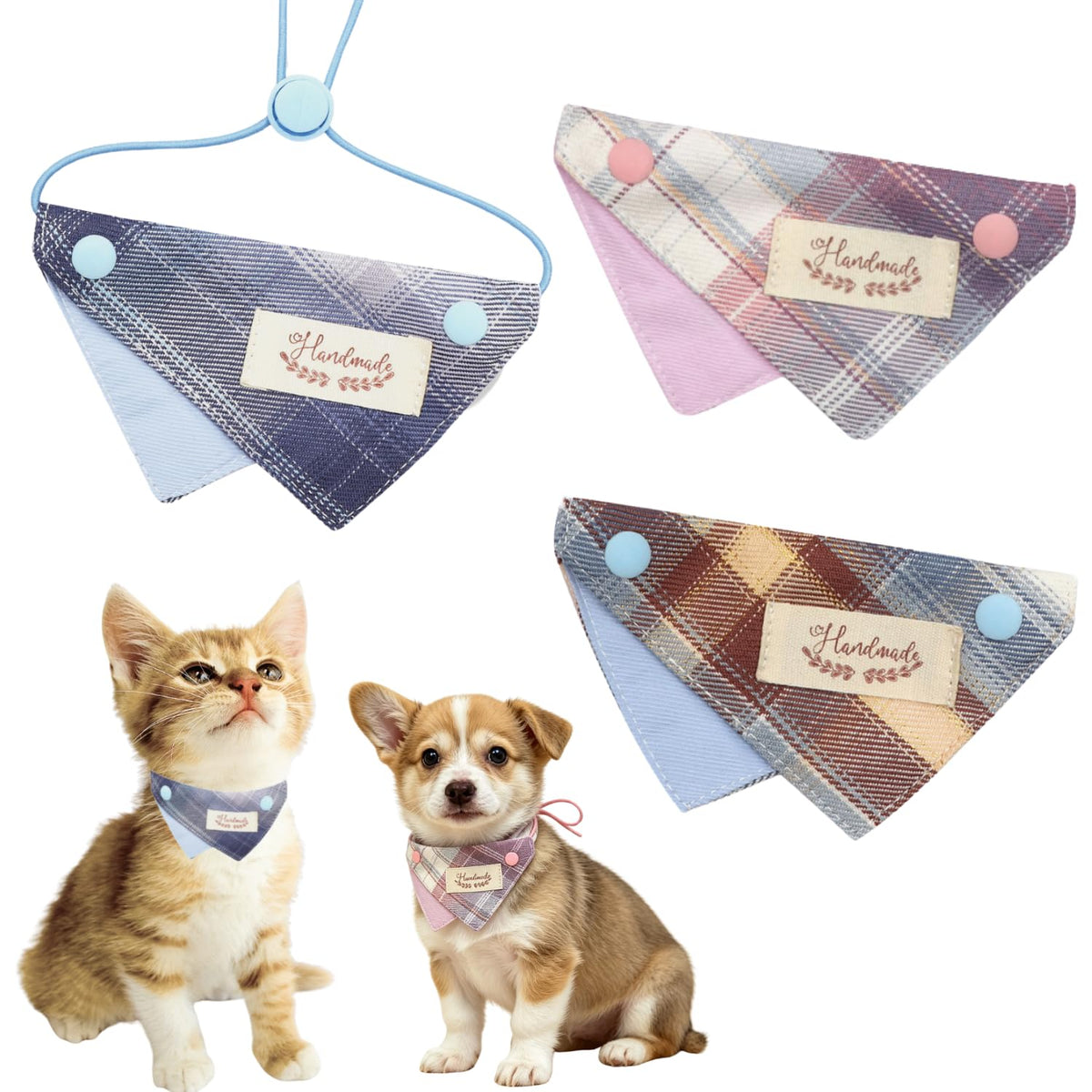 3-Pack Plaid Pet Bandana Bib for Cats and Small Dogs, Adjustable Neck