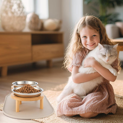 Elevated Cat Bowls with Food Mat,6.3 Inches Shallow Raised Bowls Whisker Friendly,2 Stainless Steel Cat Food and Water Dishes for Cats and Puppies,Dishwasher Safe