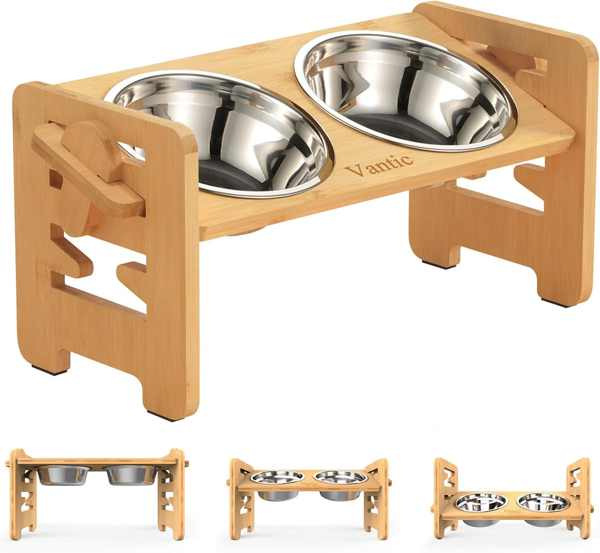 Vantic Elevated Dog Bowls, Raised Dog Bowl Stand Adjustable Small, Natural