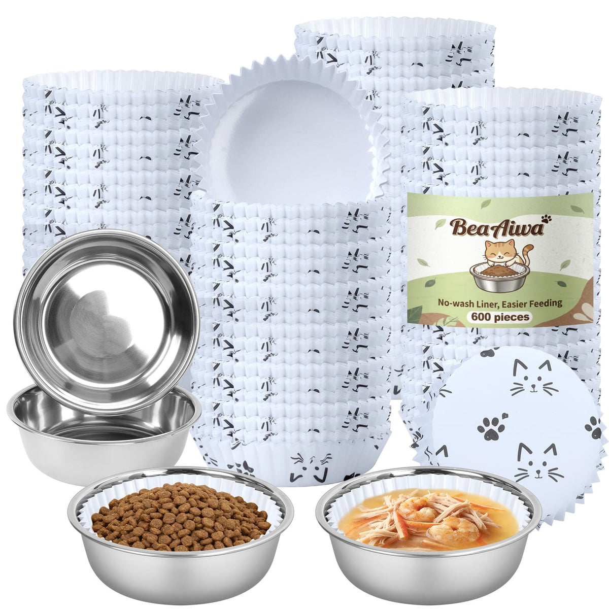 Cat Bowl Set (300 Disposable Pet Bowl Liners with 2 Stainless Steel Bowls)