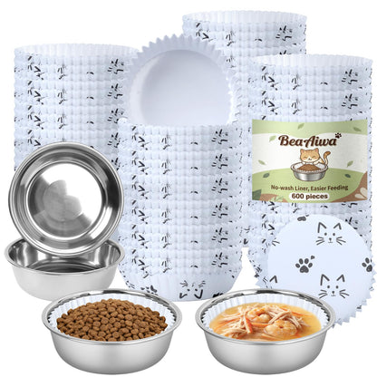 Cat Bowl Set (300 Disposable Pet Bowl Liners with 2 Stainless Steel Bowls)