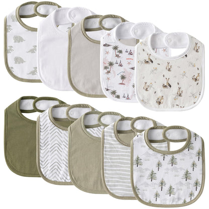 10 Pack Cotton Snap Bibs for Baby Boy Girl, Super Soft Drool Bibs for Teething and Feeding