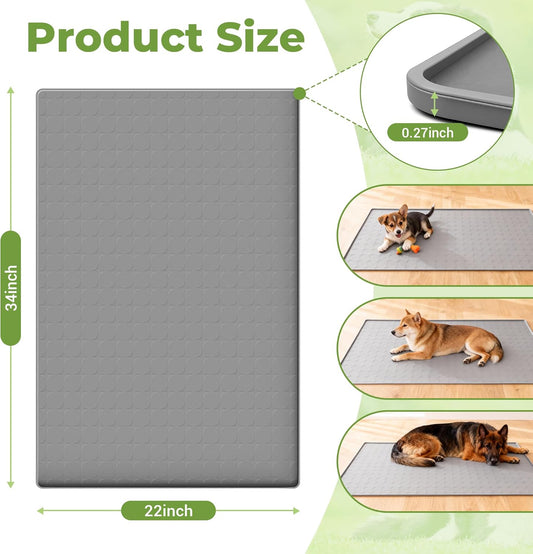 Extra Large 34x22 Inch Machine Washable Silicone Pet Food Mat - Waterproof Dog & Cat Bowl Mat with Raised Edge, Non-Slip Floor Protector for Large Dogs, Multi-Pet Homes (Grey)