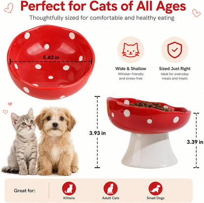 Red Mushroom Cat Bowl, Elevated Ceramic Bowl for Cats