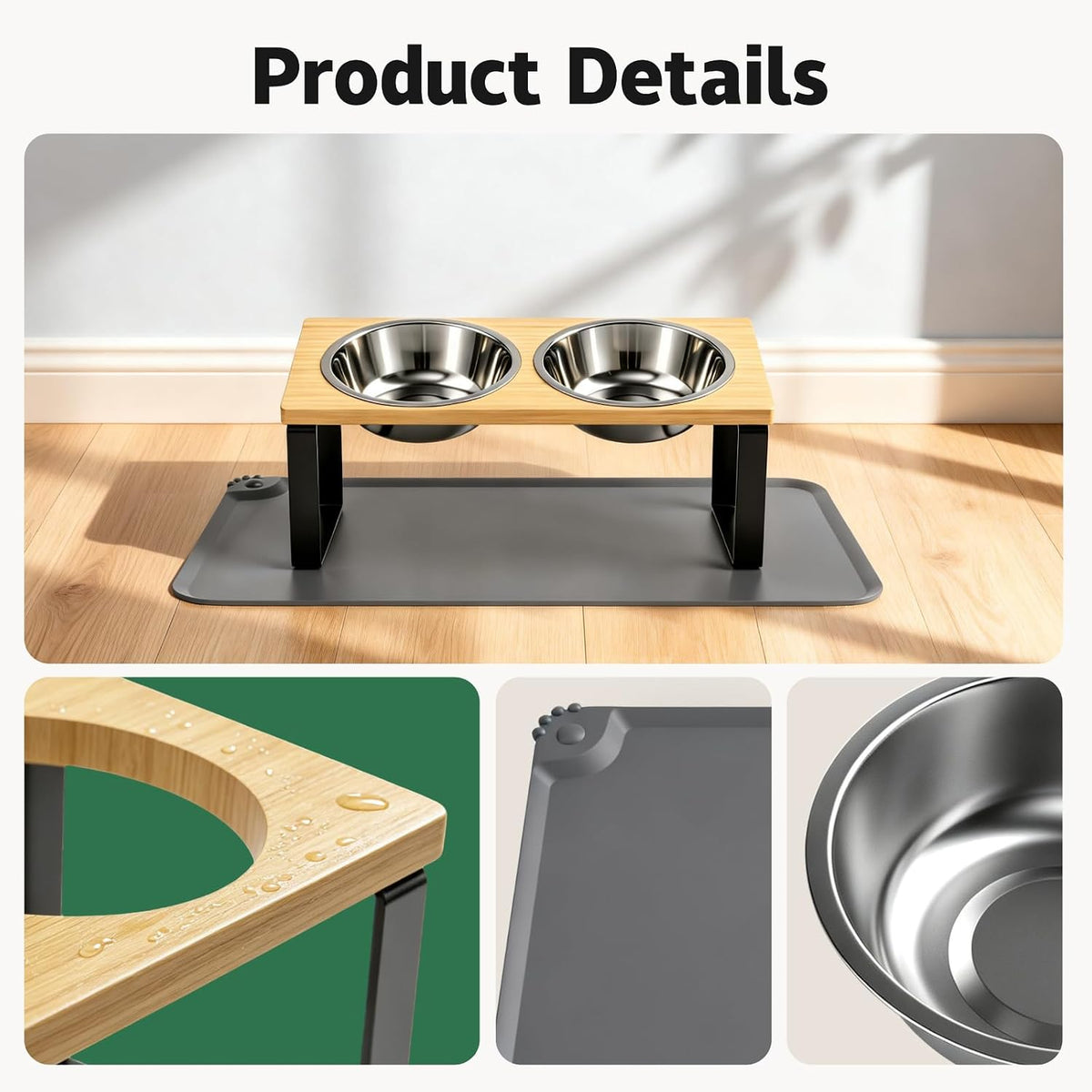 Elevated Tilted Cat Food Bowls with Mat, 304 Stainless Steel 2 Water Bowls