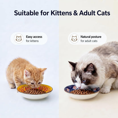 Ceramic Cat Bowls Set of 6 - Colorful Cute Shallow Cat Dishes - Great for Multi-Pet Homes - 5.6 Inch, Whisker Friendly and Wide - Microwave & Dishwasher Safe - 5.3 oz (185 ml)