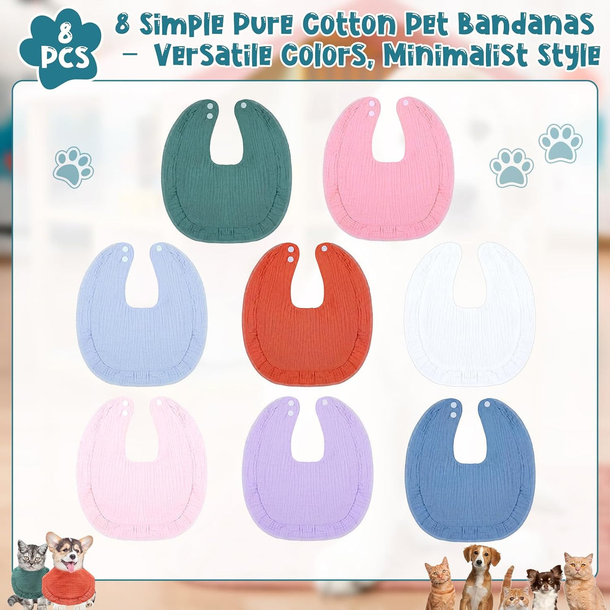 Shinylin 8 Pcs Muslin Cotton Square Bandanas Reversible Pet Bibs Scarf Pet Scarves with Two Snaps Apparel Accessories Kerchief for Small to Medium Puppy Cat (Fresh Color)