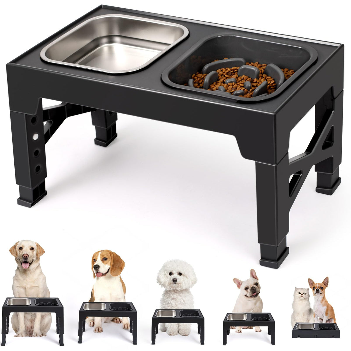 Niubya Elevated Dog Bowls with 2 Stainless Steel Dog Food Bowls, Raised Dog Bowl Adjusts to 5 Heights (3.15", 8.66", 9.84",11.02", 12.2") for Small Medium and Large Dogs