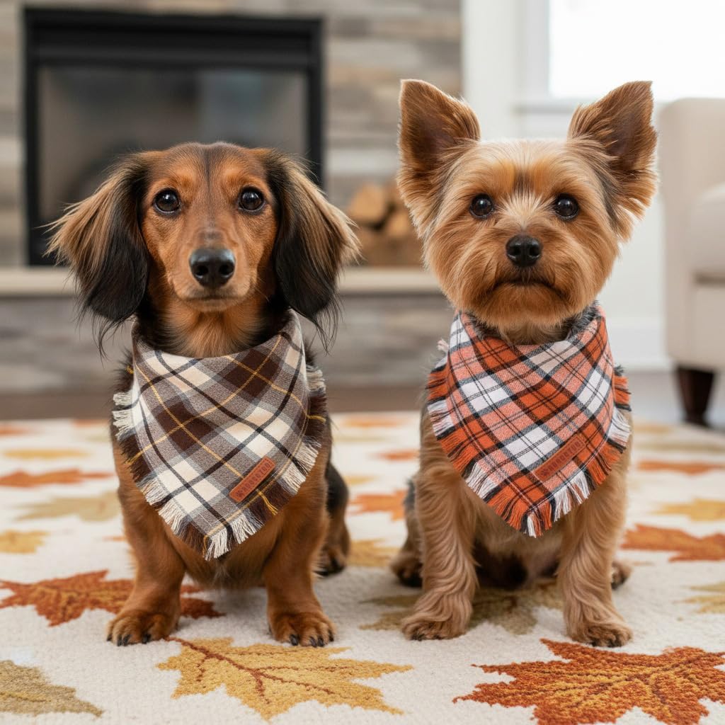 ADOGGYGO Fall Dog Bandana, Brown Plaid Thanksgiving Bandanas for Dogs, S