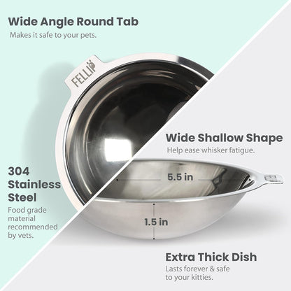 Felli Oblik Elevated Cat Bowl Removable Stainless Steel Wide Dish for Dry Wet Food Feeding & Dishwasher Clean, Slanted Whisker Fatigue Friendly Metal Plate (Classic, 0.5 Cups Shallow Dish)