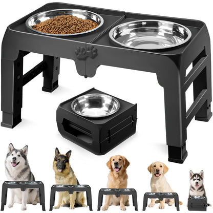 COMESOON Elevated Dog Bowls for Small Medium Dogs, 3 Height Adjustable Raised Stand with 2 Thick 6" Stainless Steel Food Bowls, Non-Slip Feeder Adjusts to 2.75", 6", 7.5", Black