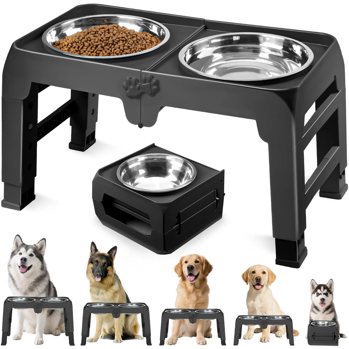 COMESOON Elevated Dog Bowls, 4 Height Adjustable Raised Bowl Stand with 2 Thick 50oz Stainless Steel Food Bowls Non-Slip Feeder Adjusts to 3.7'', 9.2'', 10.75'', 12.36'' Black, (DB-W01)