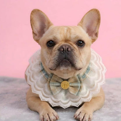 Handmade Cat Bandana with Bowtie - Khaki Plaid Boho Pet Collar Scarf for Birthday, Party, Photoshoot - Adjustable Bib Outfit for Small Dogs, Puppies, Cats, Kittens, and Rabbits