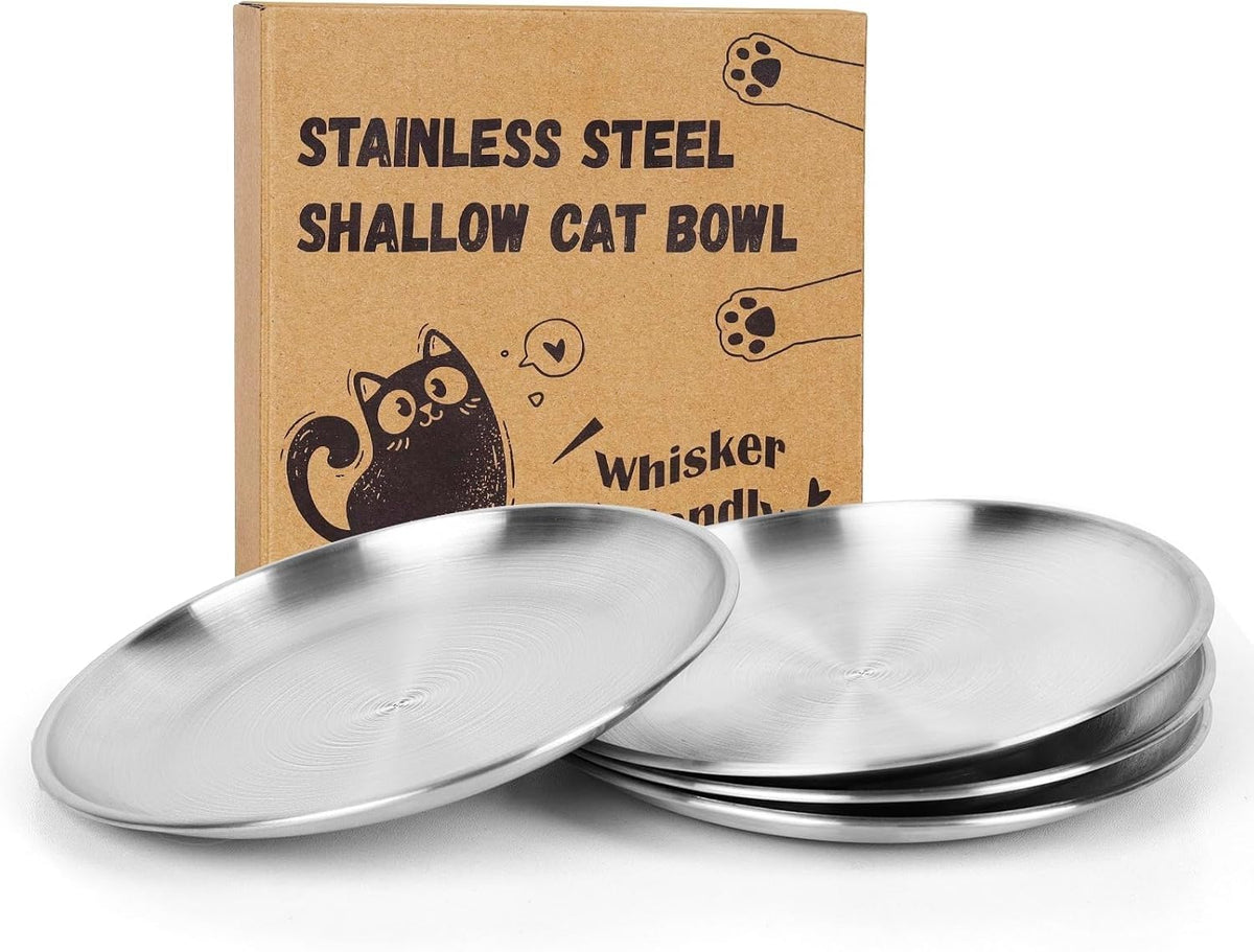 4-Pack Stainless Steel Cat Food Bowls, Whisker-Friendly Plates