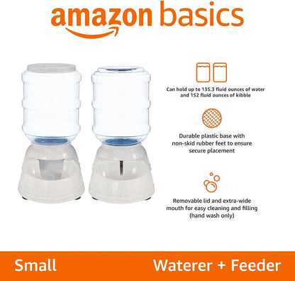 Amazon Basics Automatic Pet Water Dispenser and Gravity Food Feeder Set for Cat and Dog, Easy to Clean, 152fl.oz food feeder, 135.3fl.oz water dispenser, Small, Pack of 2