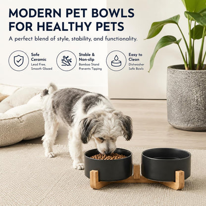 Petygooing Ceramic Dog Cat Bowls Set with Stand,Black Pet Food and Water Bowl,Small Dog Bowls Cute Modern Anti Slip Set of 2 Pet Feeder Small Size Pet Dish(13.5OZ/5.1 in)