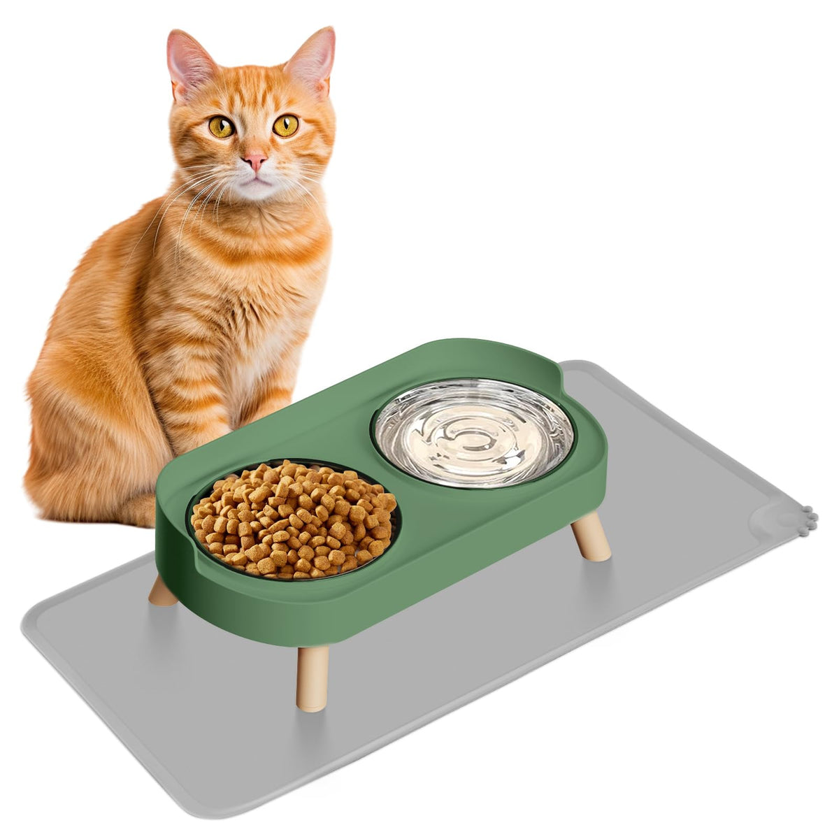 Elevated Cat Bowl, Raised Cat Food and Water Bowl Set for Indoor Cats, Splash Proof with 2 Stainless Steel Pet Food Bowls for Cats and Puppies, Whisker Fatigue and Dishwasher Safe - Purple