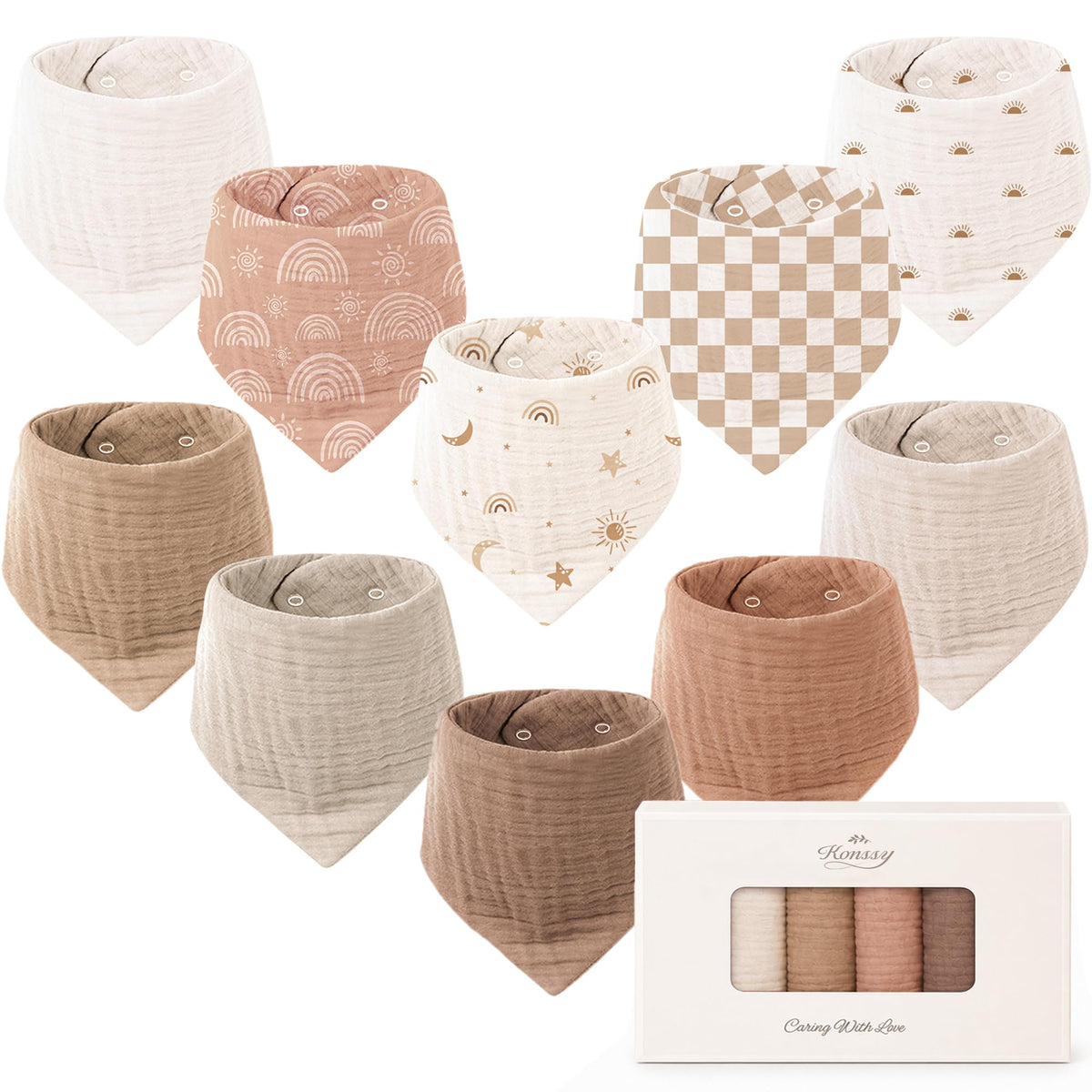 Konssy 10 Pack Baby Muslin Bandana Bibs for Drooling and Teething