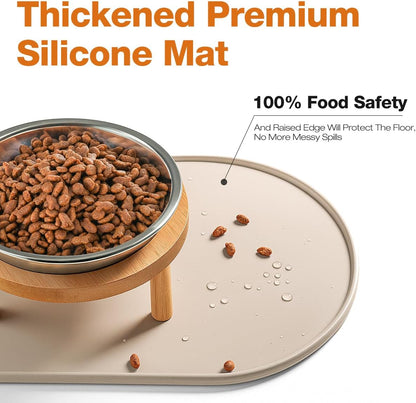 Elevated Cat Bowls with Food Mat,6.3 Inches Shallow Raised Bowls Whisker Friendly,2 Stainless Steel Cat Food and Water Dishes for Cats and Puppies,Dishwasher Safe