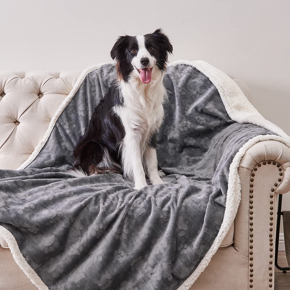 Qeils Dog & Cat Blankets - Waterproof Washable - Sherpa, Plus Plush Reversible, 25"X30", Grey Paw Print