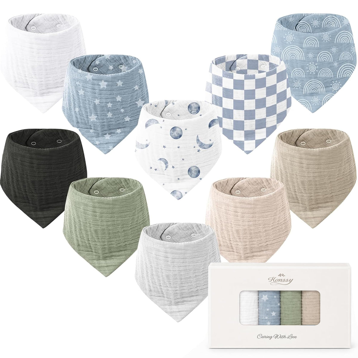 Konssy 10 Pack Baby Muslin Bandana Bibs for Drooling and Teething