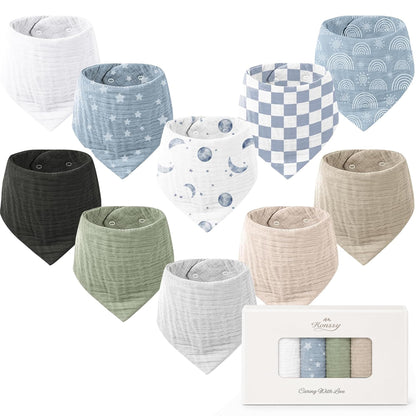 Konssy 10 Pack Baby Muslin Bandana Bibs for Drooling and Teething