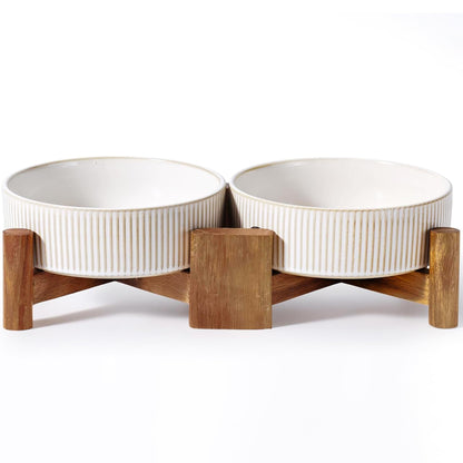 Getstar Ceramic Dog Bowls Set with Acacia Wood Stand, 3.5 Cups Pet Bowls Set of 2 for Medium Dogs, Cute Dog Raised Food Bowl, Cat Bowls
