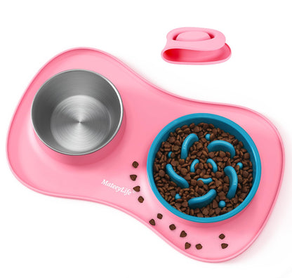 MateeyLife Dog Food and Water Bowl Set 3 in 1, Slow Feeder Dog Bowls & Stainless Steel Water Bowl with Non-Spill Silicone Mat, Cat and Puppy Bowls Pet Dishes for Small Medium Large Breed Anti-Choking